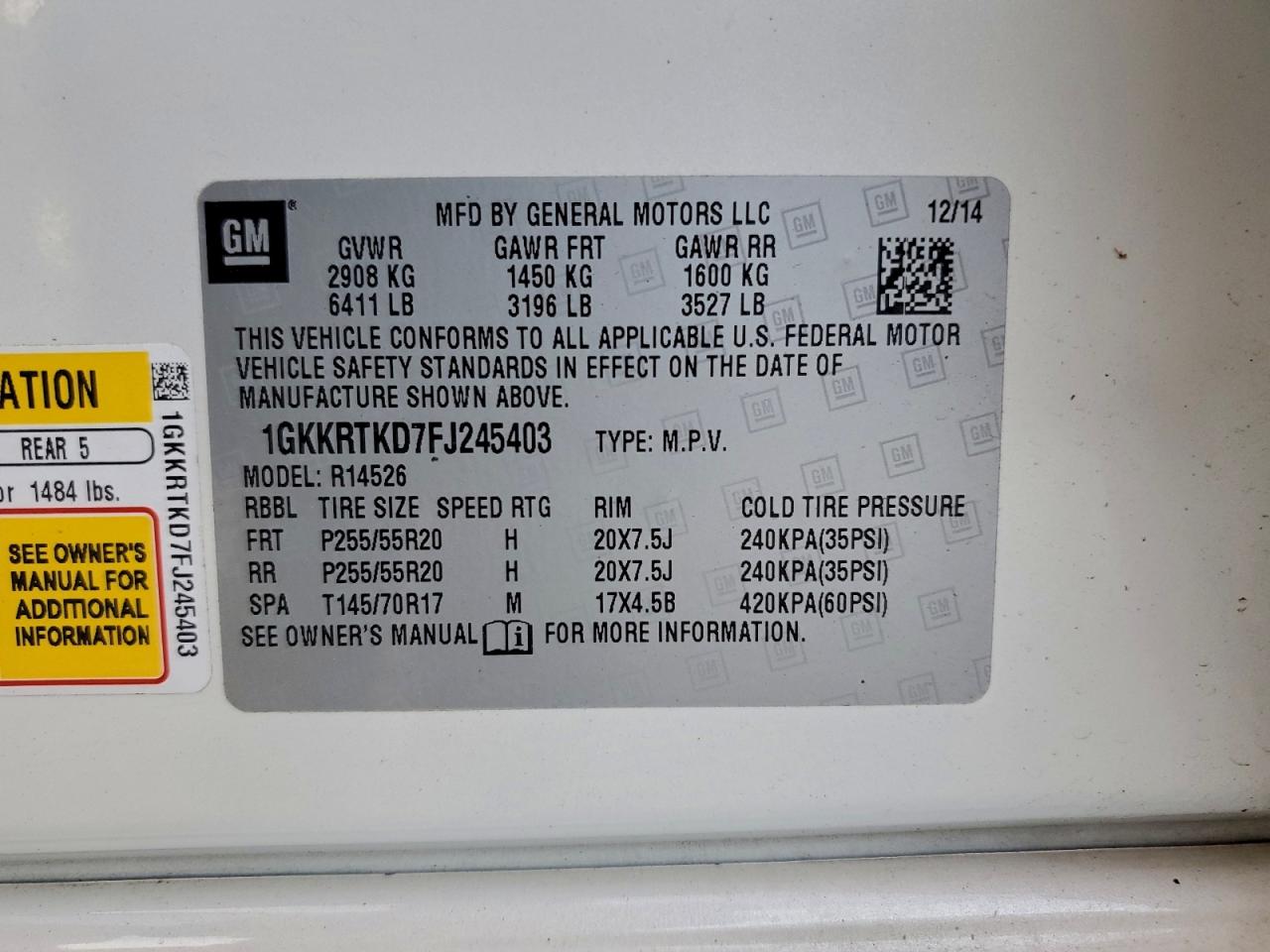 2015 GMC Acadia Denali VIN: 1GKKRTKD7FJ245403 Lot: 94301005