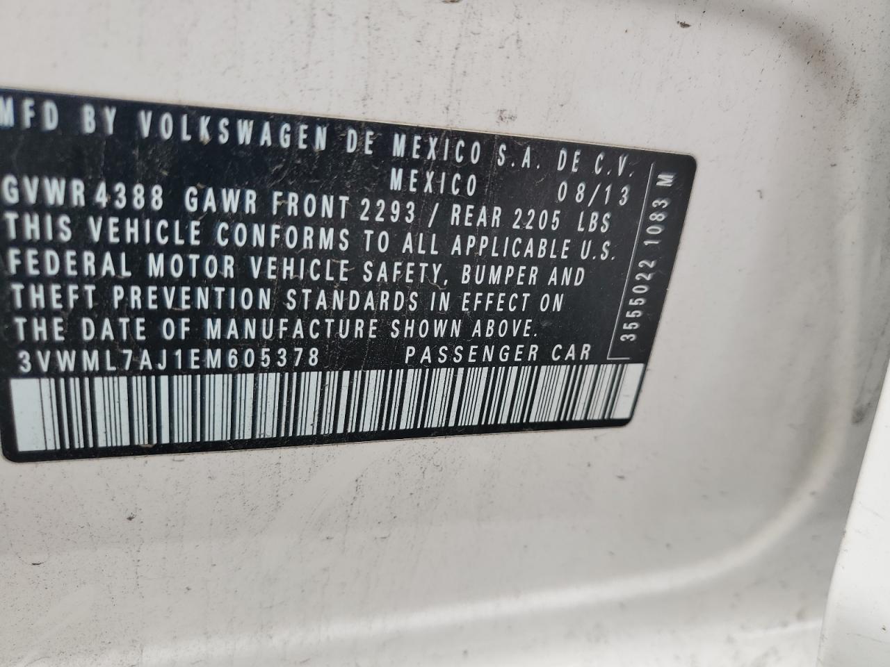 2014 Volkswagen Jetta Tdi VIN: 3VWML7AJ1EM605378 Lot: 92432275