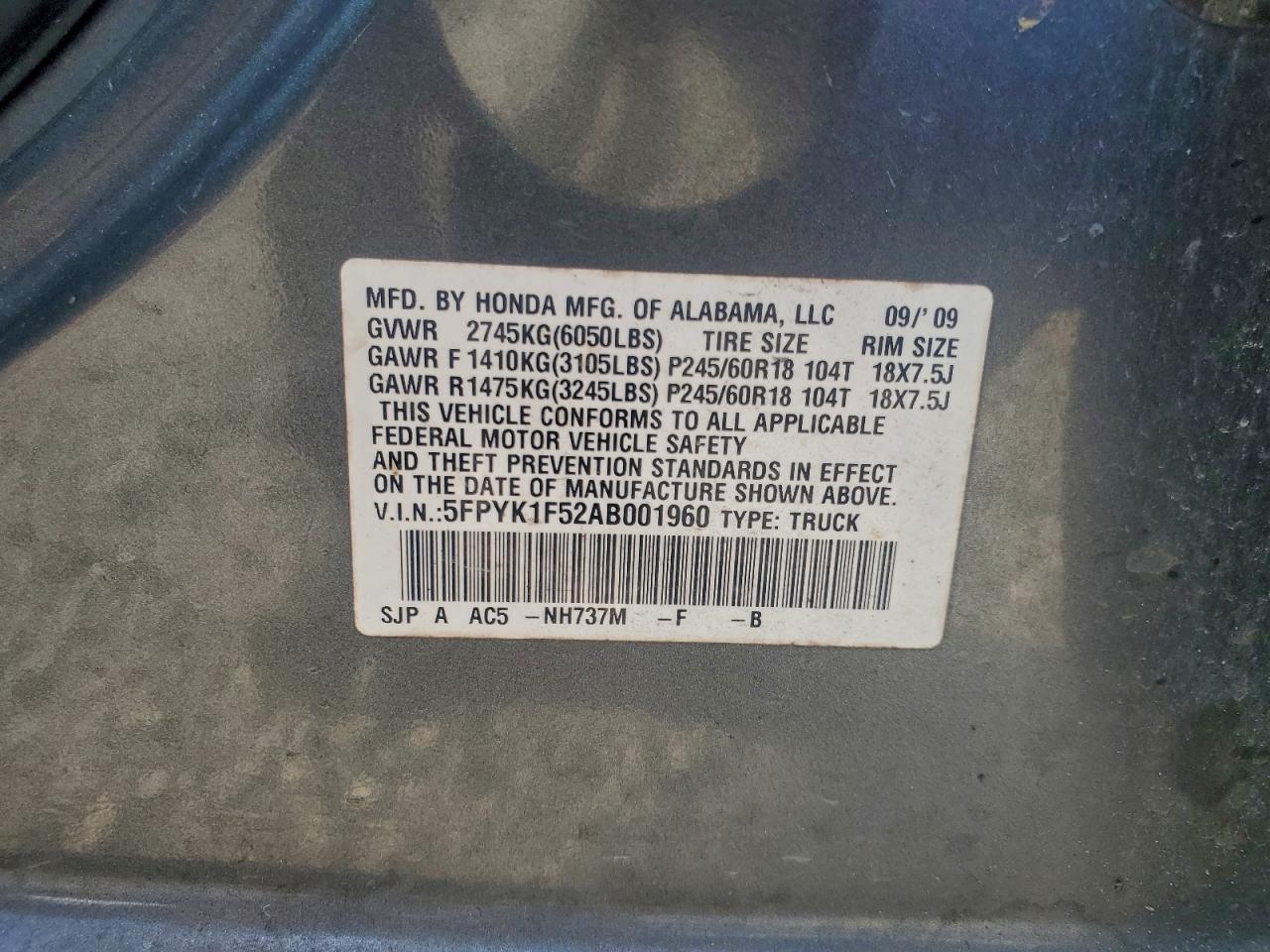 2010 Honda Ridgeline Rtl VIN: 5FPYK1F52AB001960 Lot: 93688585
