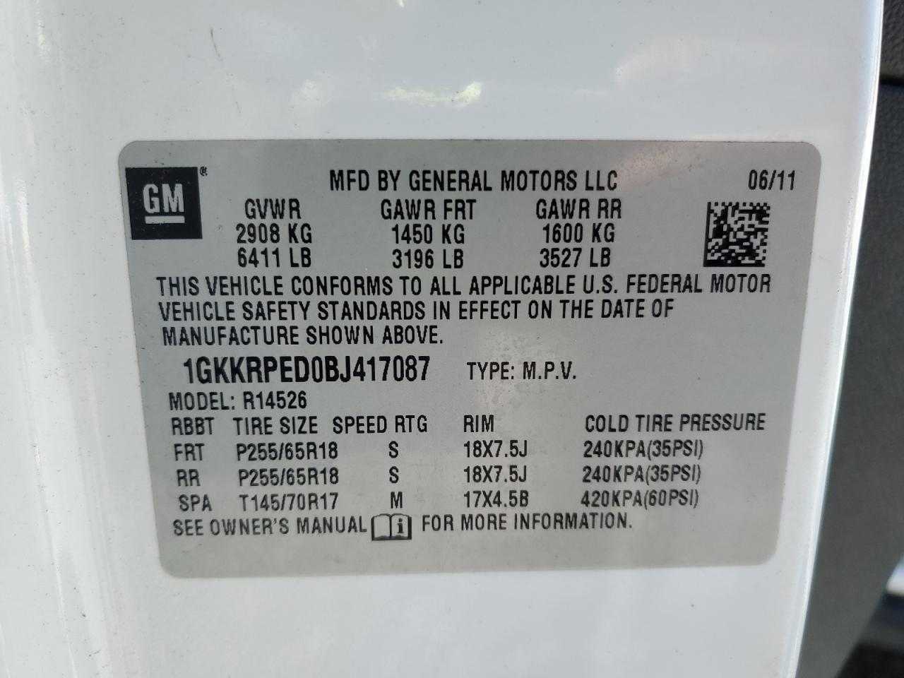 2011 GMC Acadia Sle VIN: 1GKKRPED0BJ417087 Lot: 92237425