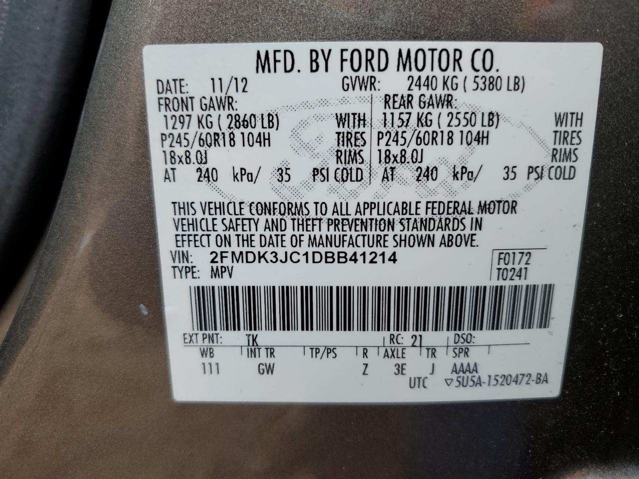 2013 Ford Edge Sel VIN: 2FMDK3JC1DBB41214 Lot: 93339565