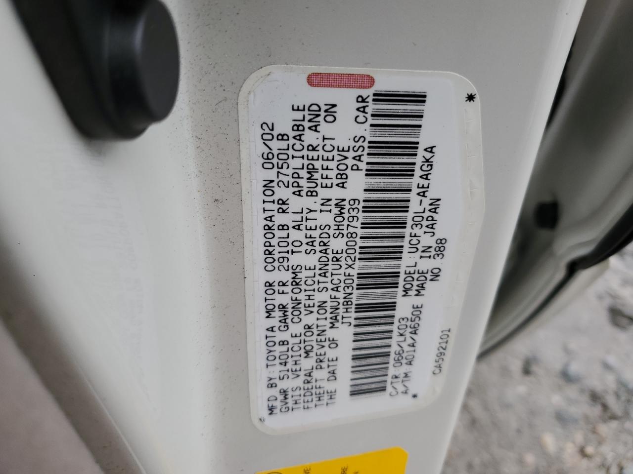 2002 Lexus Ls 430 VIN: JTHBN30FX20087939 Lot: 93108705