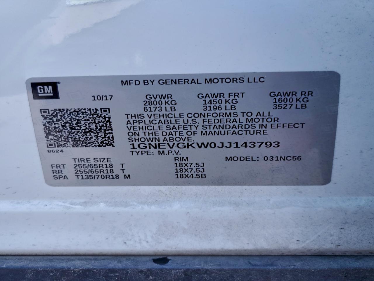 2018 Chevrolet Traverse Lt VIN: 1GNEVGKW0JJ143793 Lot: 93974305