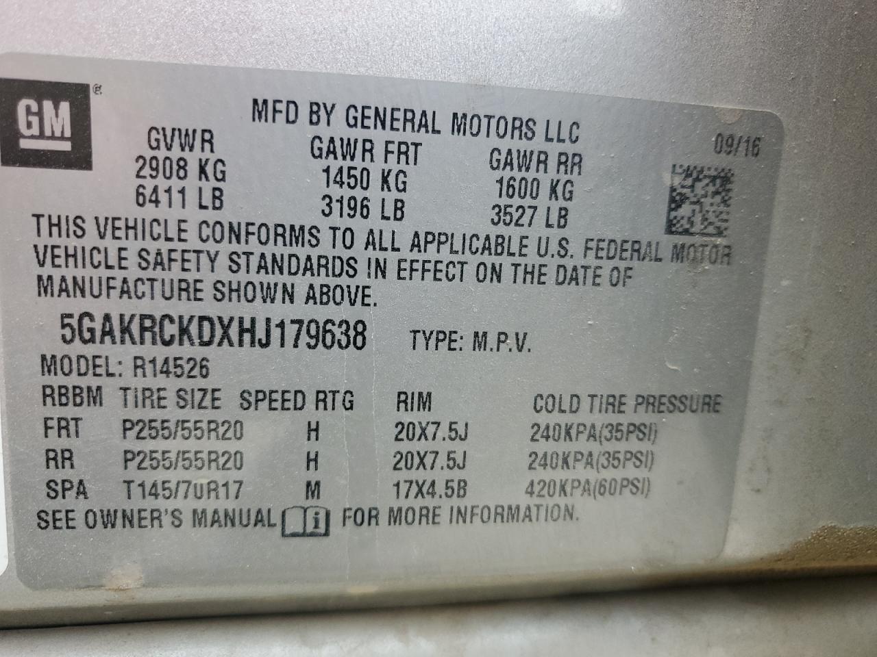 2017 Buick Enclave VIN: 5GAKRCKDXHJ179638 Lot: 92727825