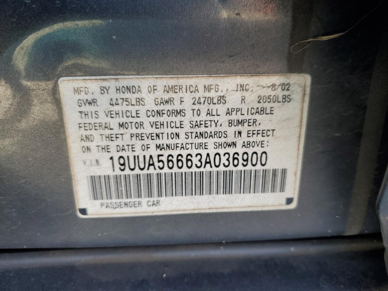 2003 Acura 3.2Tl VIN: 19UUA56663A036900 Lot: 91305325