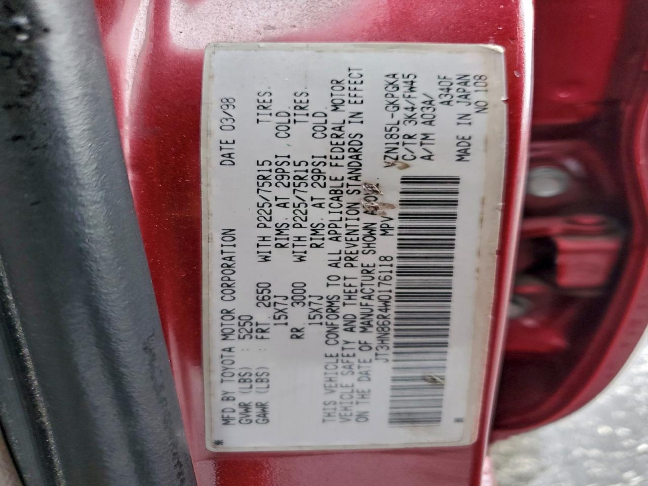 1998 Toyota 4Runner Sr5 VIN: JT3HN86R4W0176118 Lot: 93559445