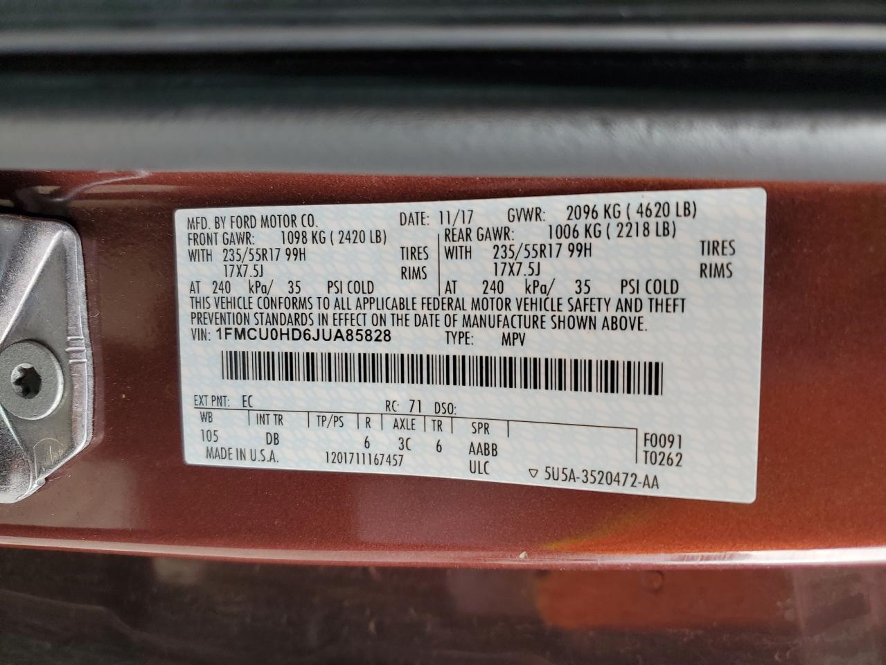 2018 Ford Escape Sel VIN: 1FMCU0HD6JUA85828 Lot: 92666525