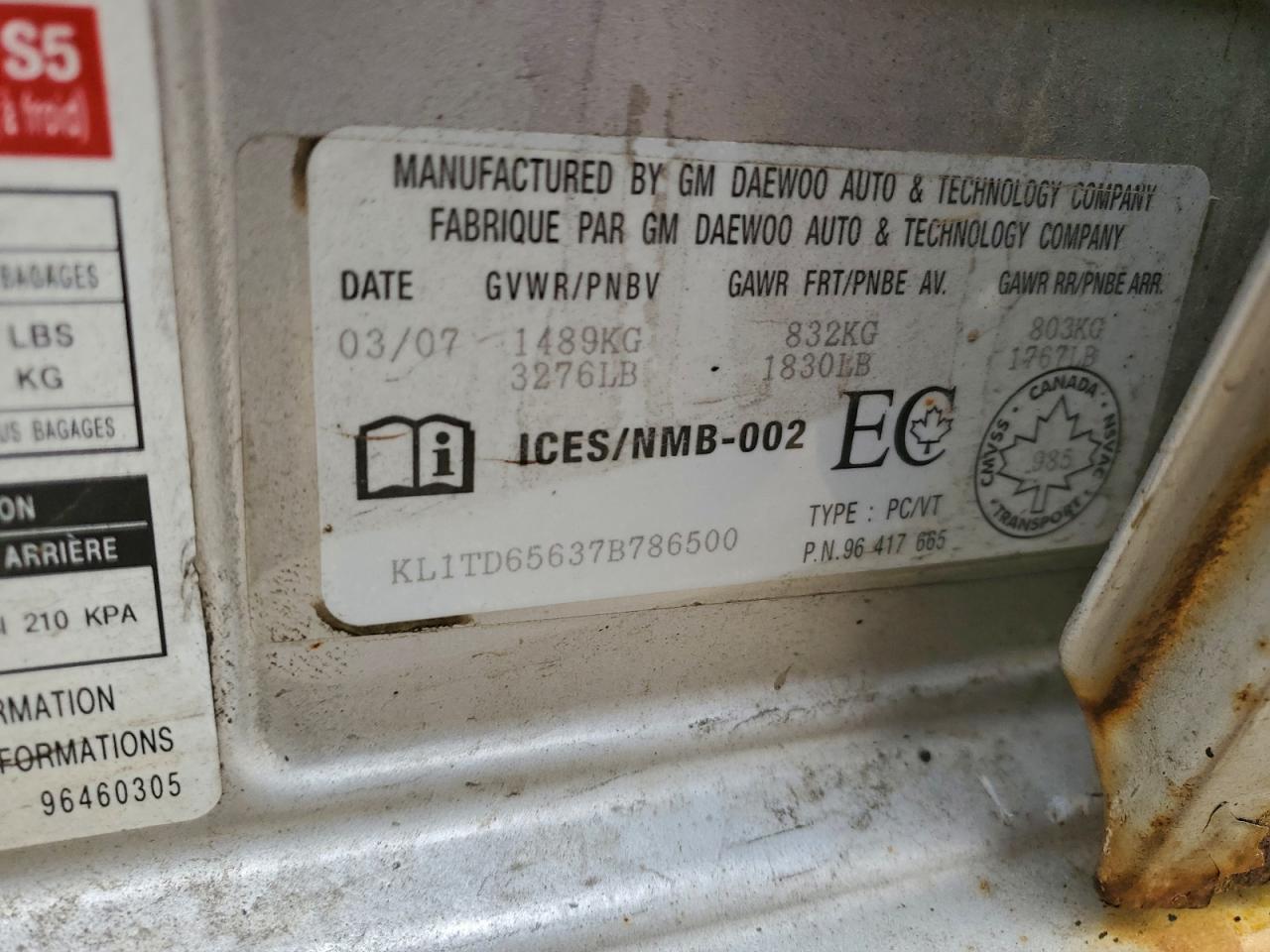 2007 Chevrolet Aveo Base VIN: KL1TD65637B786500 Lot: 93625175