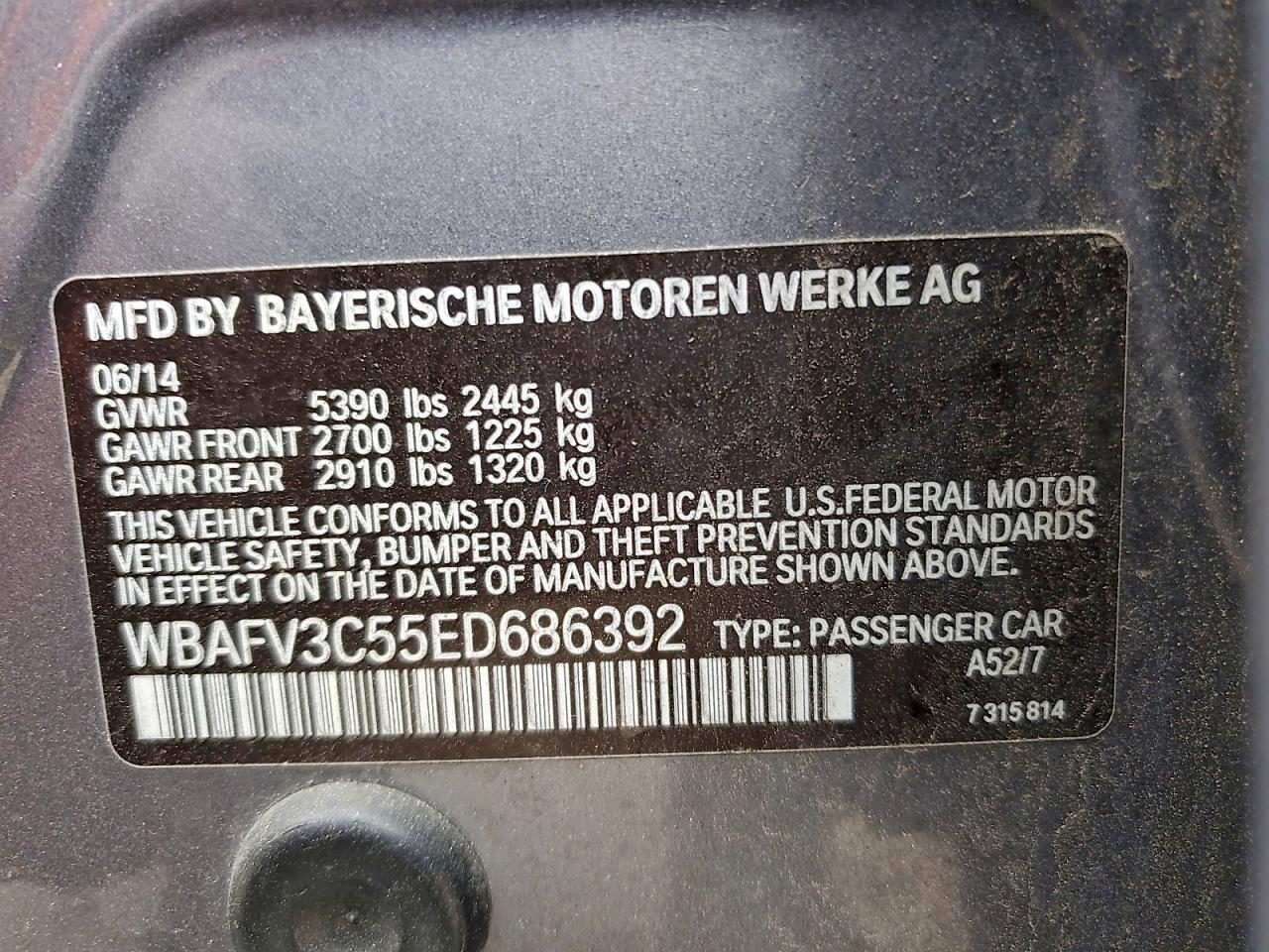 2014 BMW 535 D xDrive VIN: WBAFV3C55ED686392 Lot: 94289795