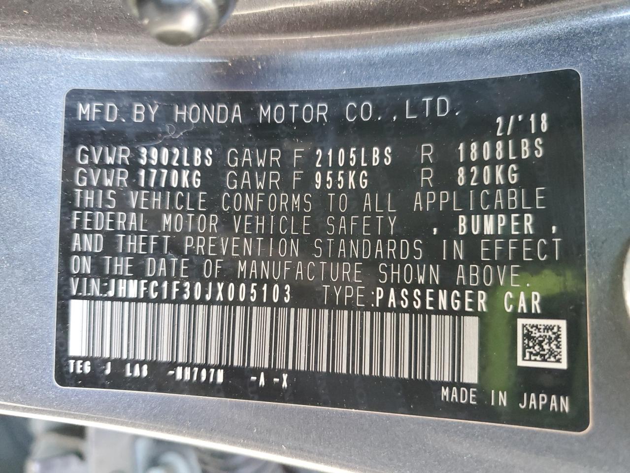 2018 Honda Civic Ex VIN: JHMFC1F30JX005103 Lot: 93318565