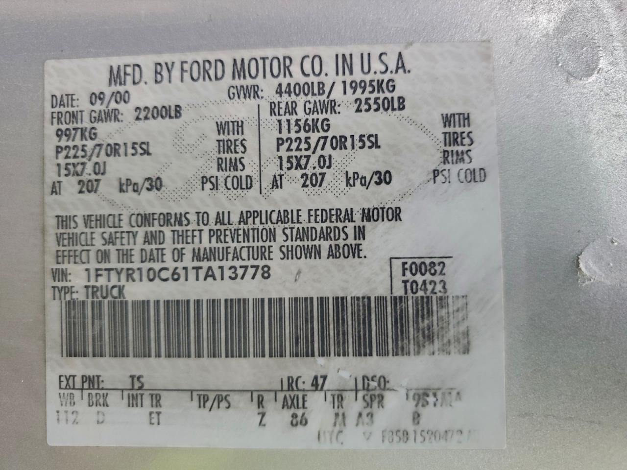 2001 Ford Ranger VIN: 1FTYR10C61TA13778 Lot: 93092495