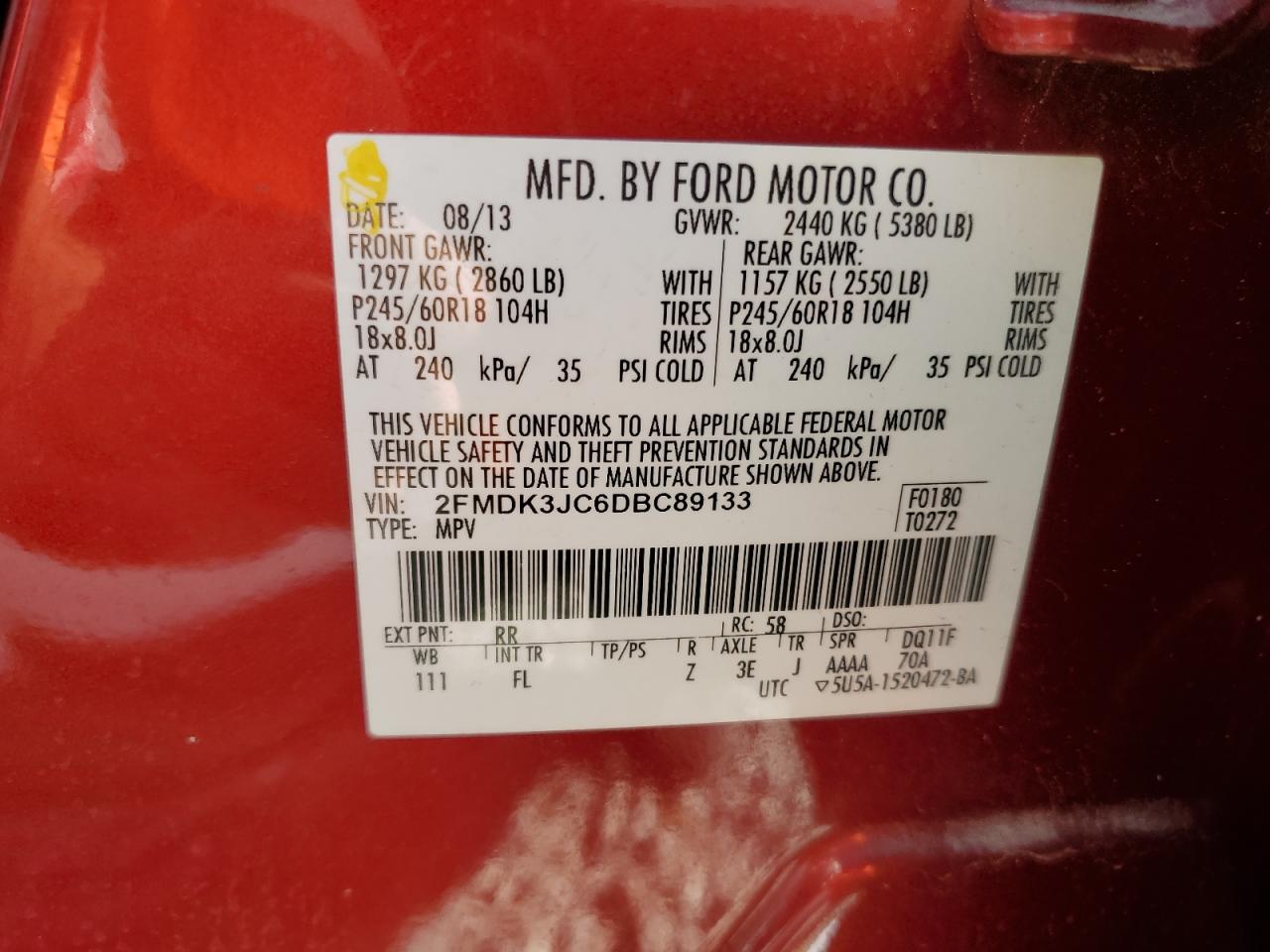 2013 Ford Edge Sel VIN: 2FMDK3JC6DBC89133 Lot: 92648905