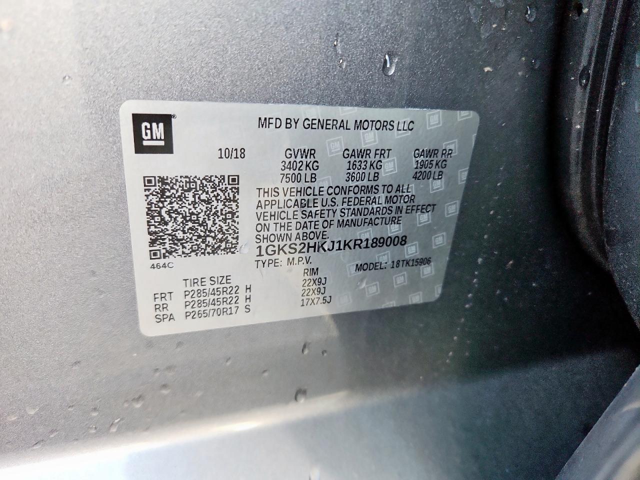 2019 GMC Yukon Xl Denali VIN: 1GKS2HKJ1KR189008 Lot: 92327685