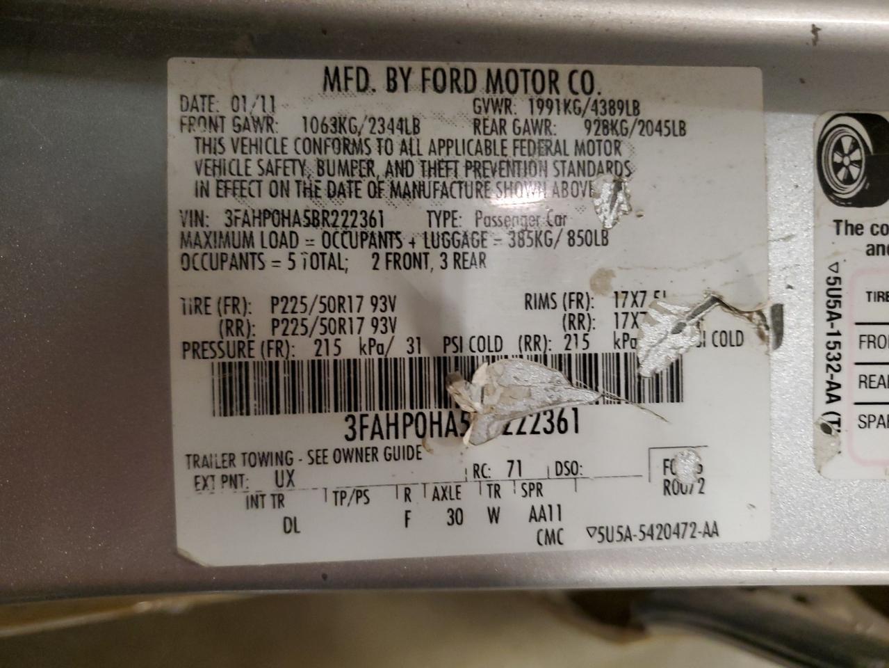 2011 Ford Fusion Se VIN: 3FAHP0HA5BR222361 Lot: 92608905