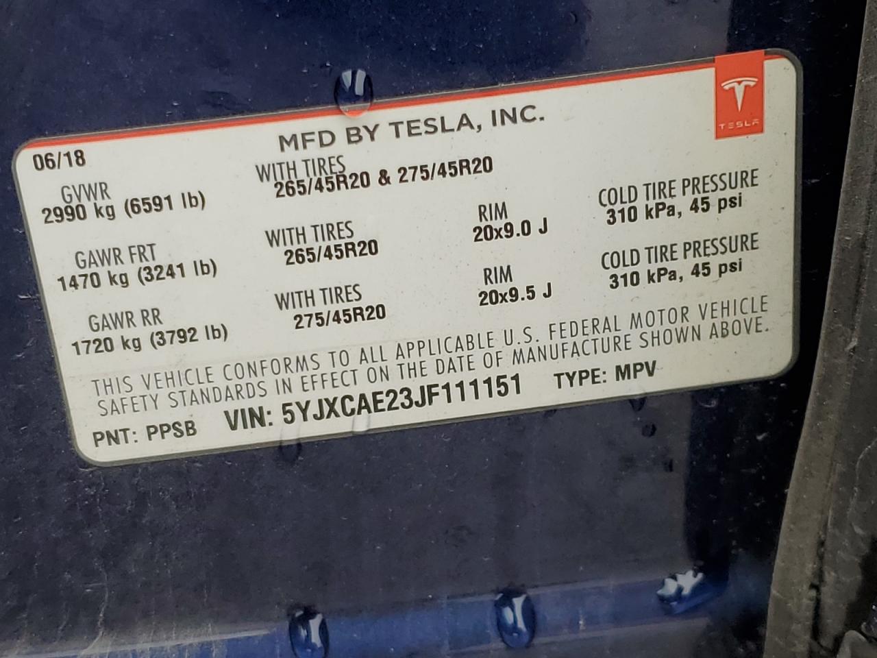 2018 Tesla Model X VIN: 5YJXCAE23JF111151 Lot: 93186765