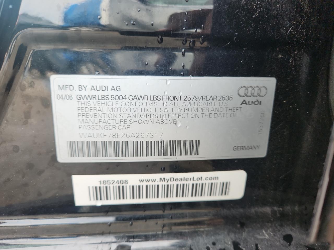 2006 Audi A4 2.0T Avant Quattro VIN: WAUKF78E26A267317 Lot: 93232665