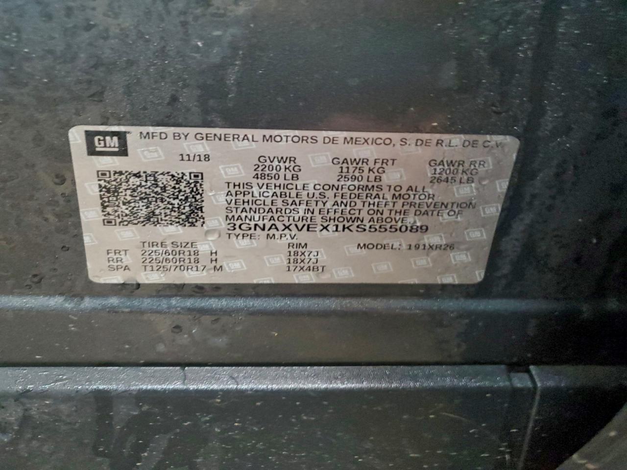 2019 Chevrolet Equinox Lt VIN: 3GNAXVEX1KS555089 Lot: 93815205