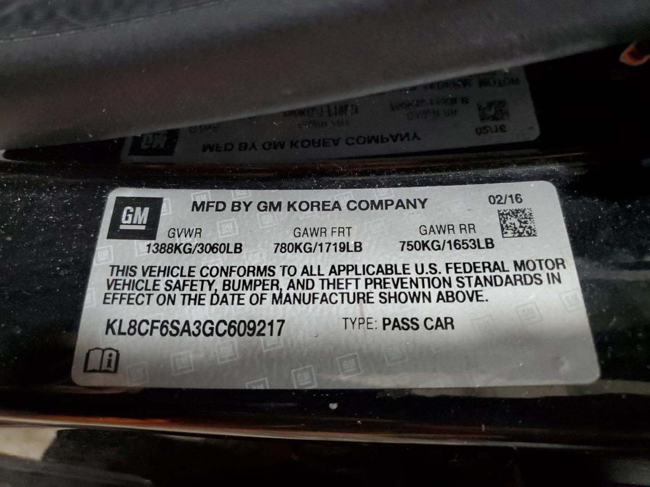 2016 Chevrolet Spark 2Lt VIN: KL8CF6SA3GC609217 Lot: 92264885