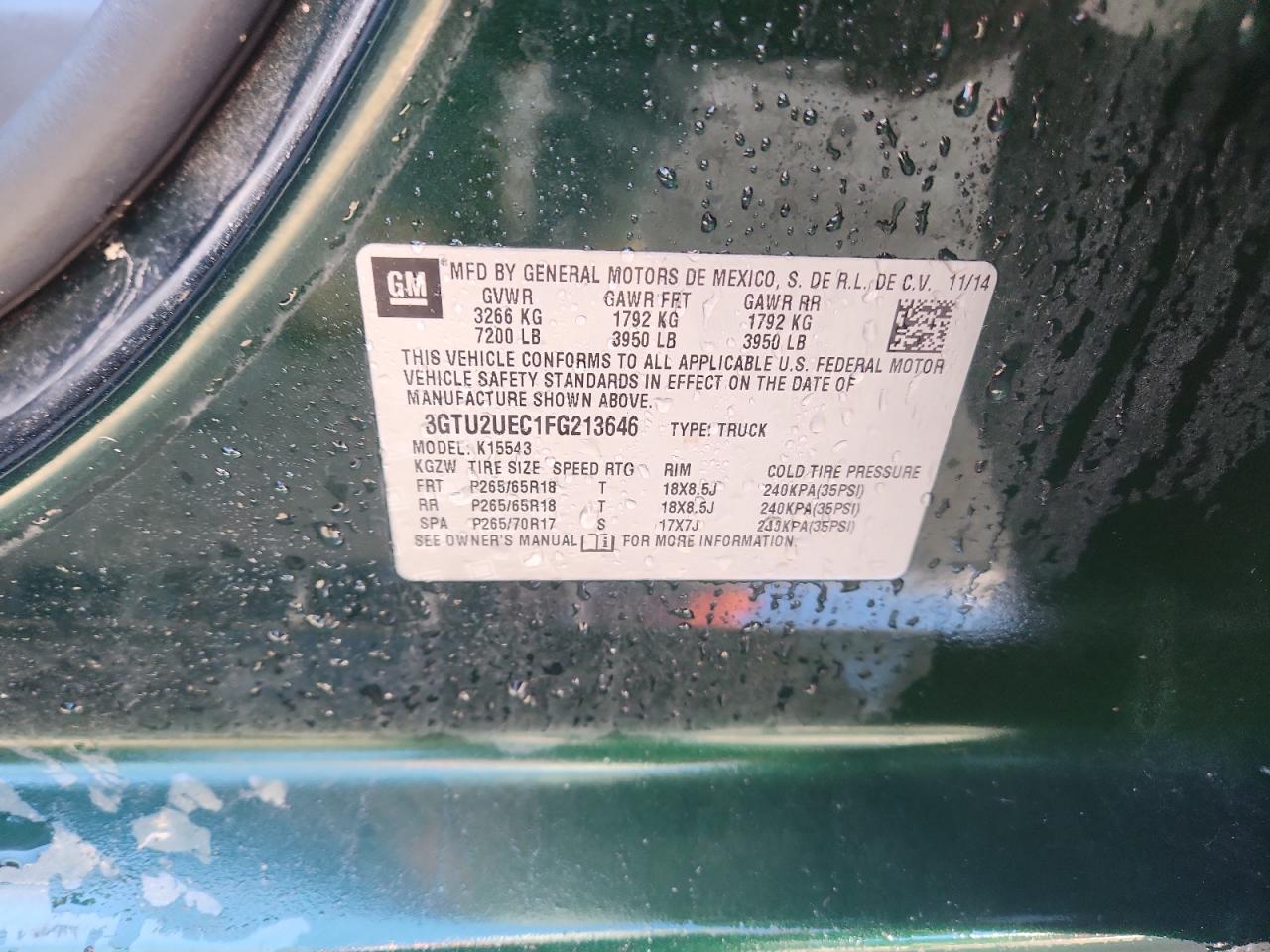 2015 GMC Sierra K1500 Sle VIN: 3GTU2UEC1FG213646 Lot: 85435915