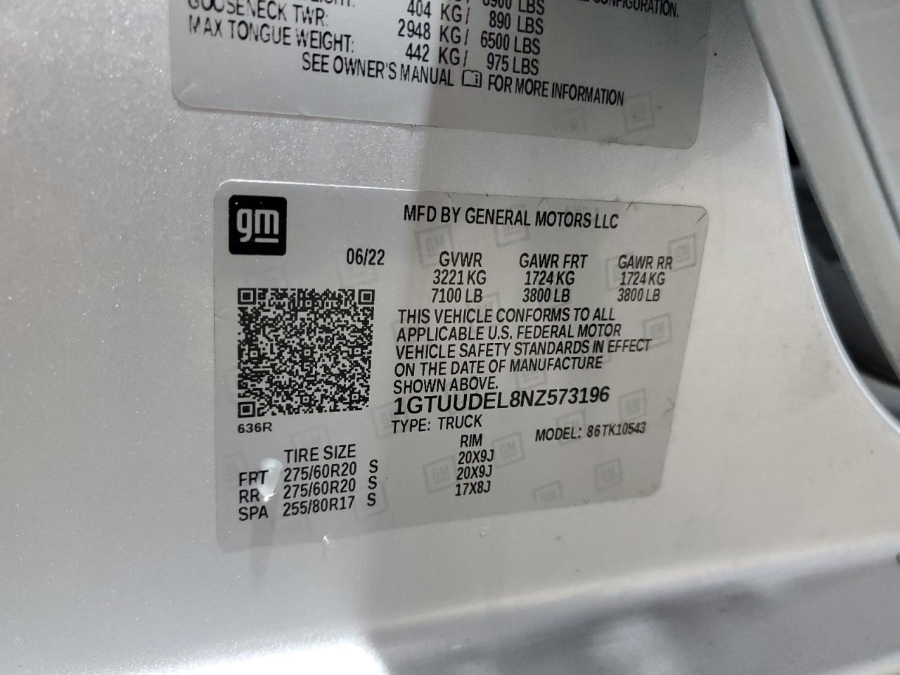 2022 GMC Sierra K1500 Slt VIN: 1GTUUDEL8NZ573196 Lot: 93006265