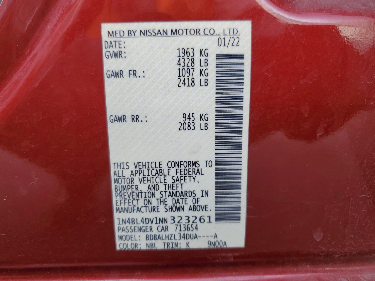 2022 Nissan Altima Sv VIN: 1N4BL4DV1NN323261 Lot: 93421835