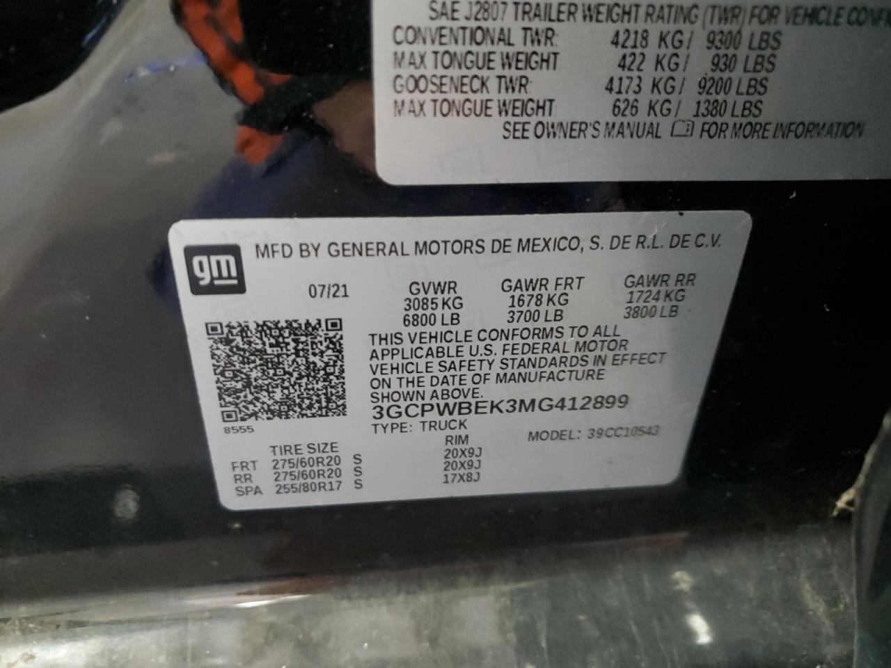 2021 Chevrolet Silverado C1500 Custom VIN: 3GCPWBEK3MG412899 Lot: 91368205