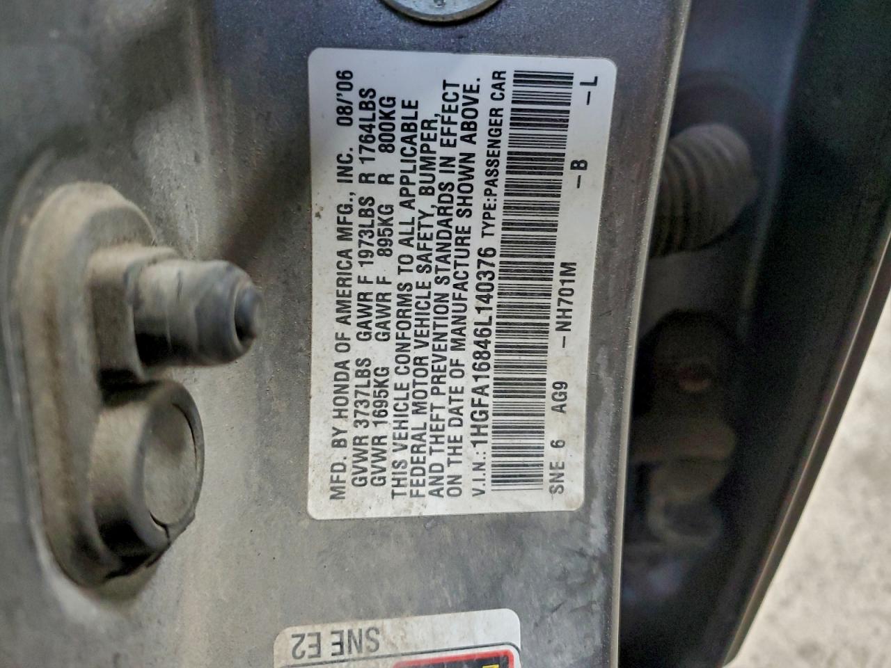 2006 Honda Civic Ex VIN: 1HGFA16846L140376 Lot: 94132665