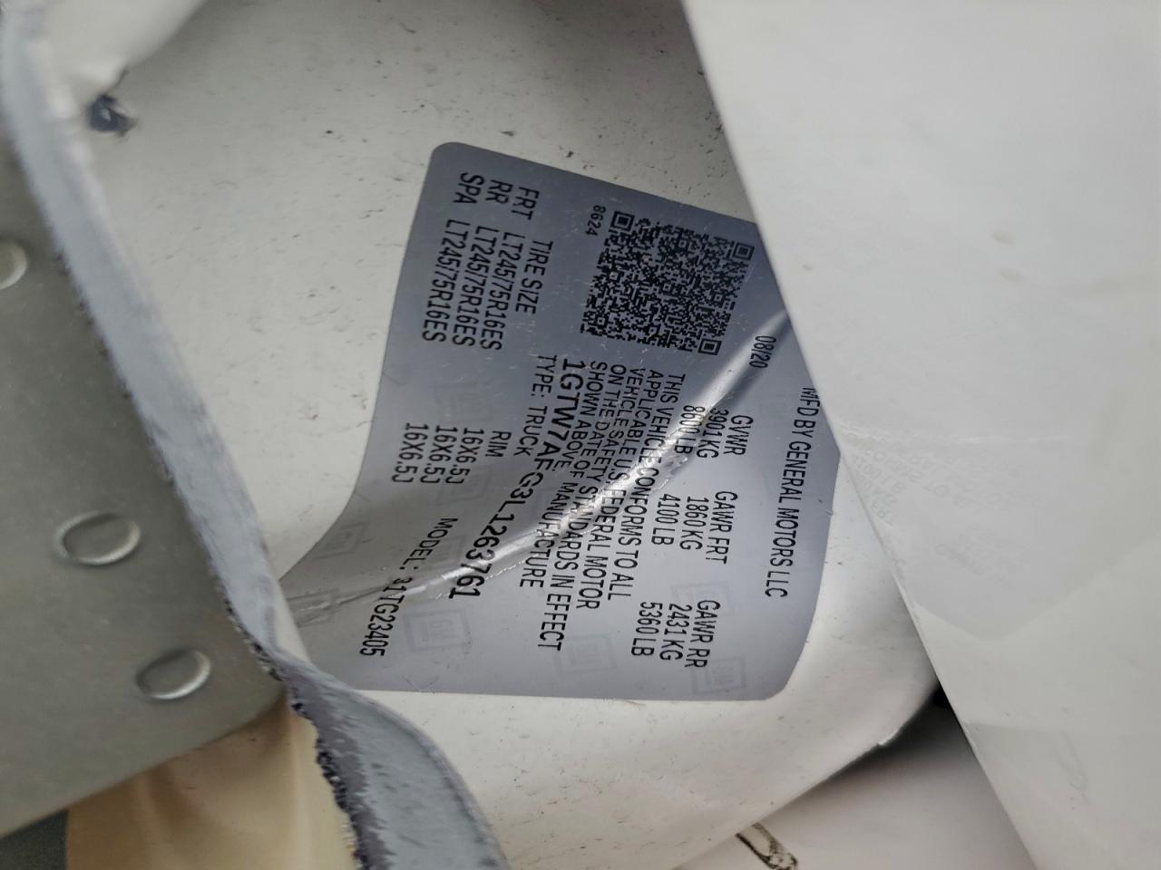 2020 GMC Savana G2500 VIN: 1GTW7AFG3L1263761 Lot: 93605595