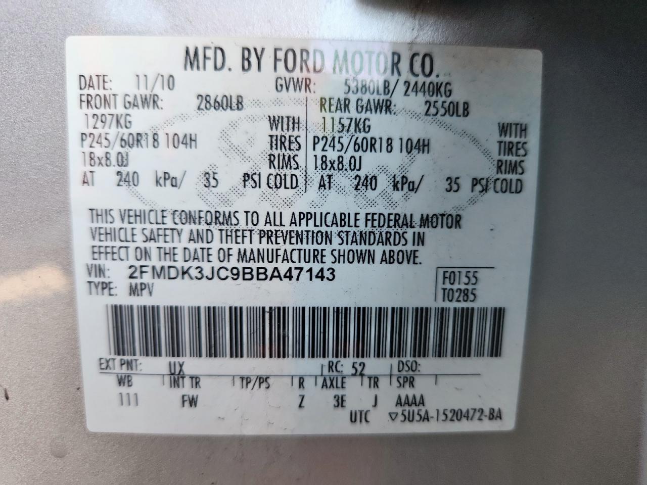 2011 Ford Edge Sel VIN: 2FMDK3JC9BBA47143 Lot: 90140725