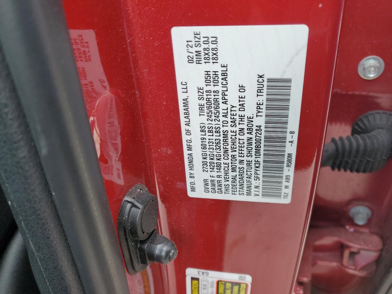 2021 Honda Ridgeline Sport VIN: 5FPYK3F10MB007284 Lot: 91991095