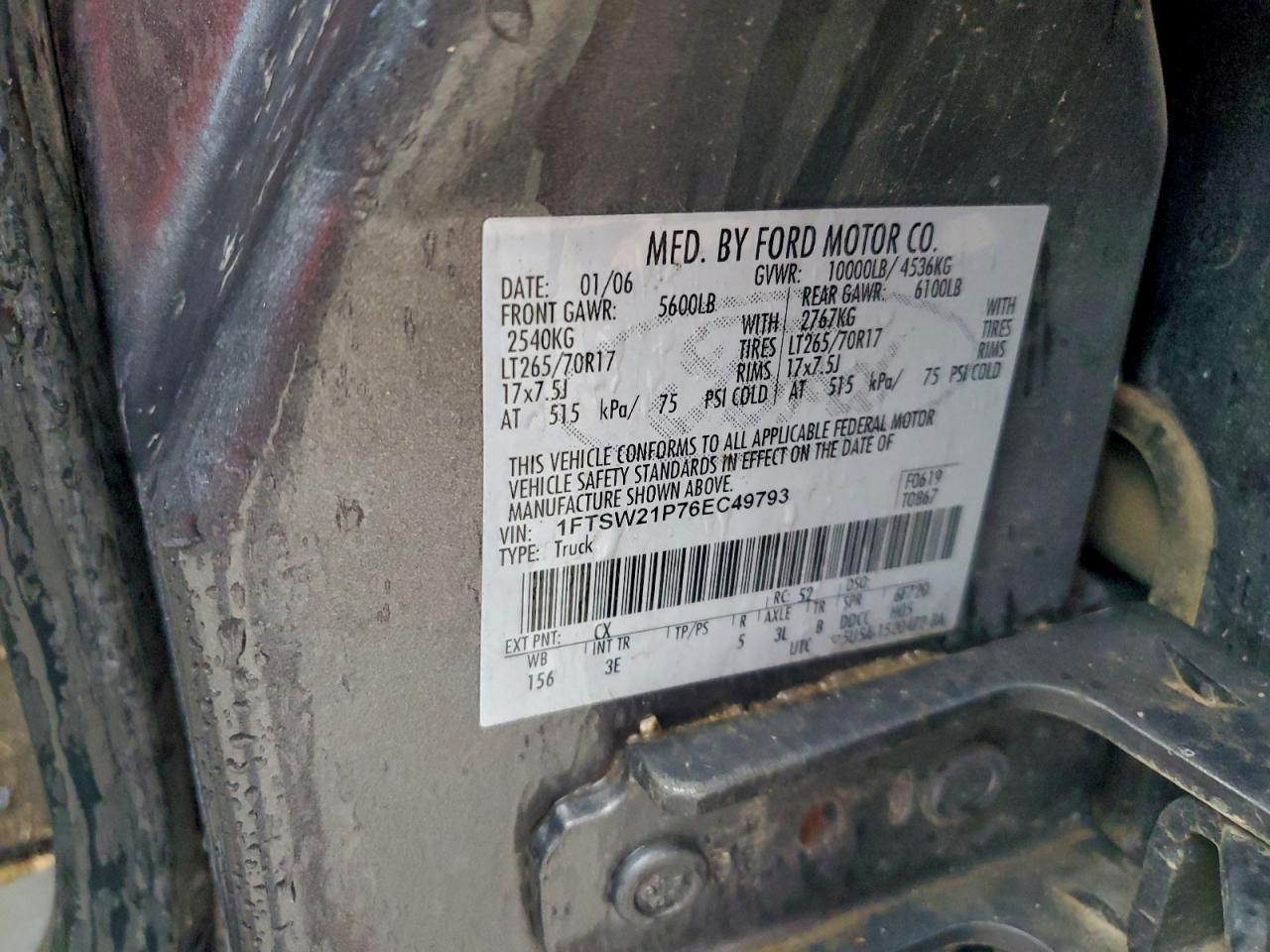 2006 Ford F250 Super Duty VIN: 1FTSW21P76EC49793 Lot: 93891125