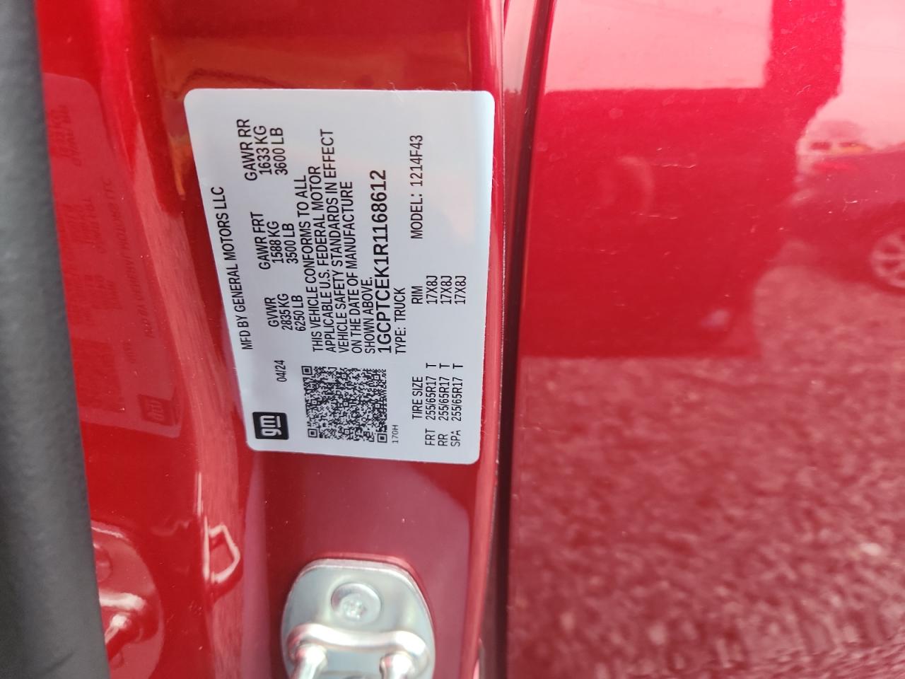 2024 Chevrolet Colorado Lt VIN: 1GCPTCEK1R1168612 Lot: 93466505