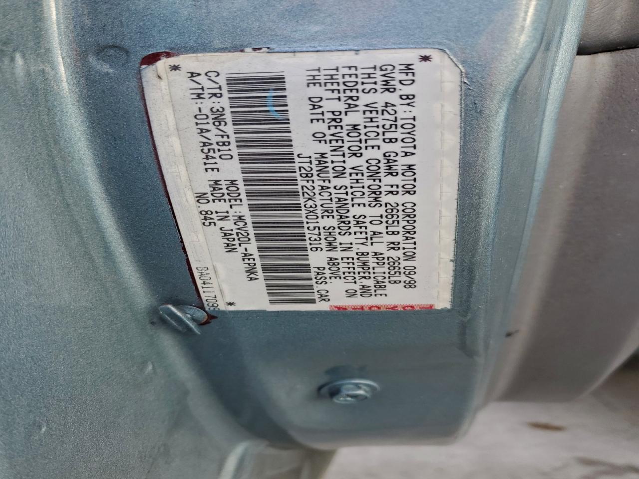 1999 Toyota Camry Le VIN: JT2BF22K3X0157316 Lot: 93847895