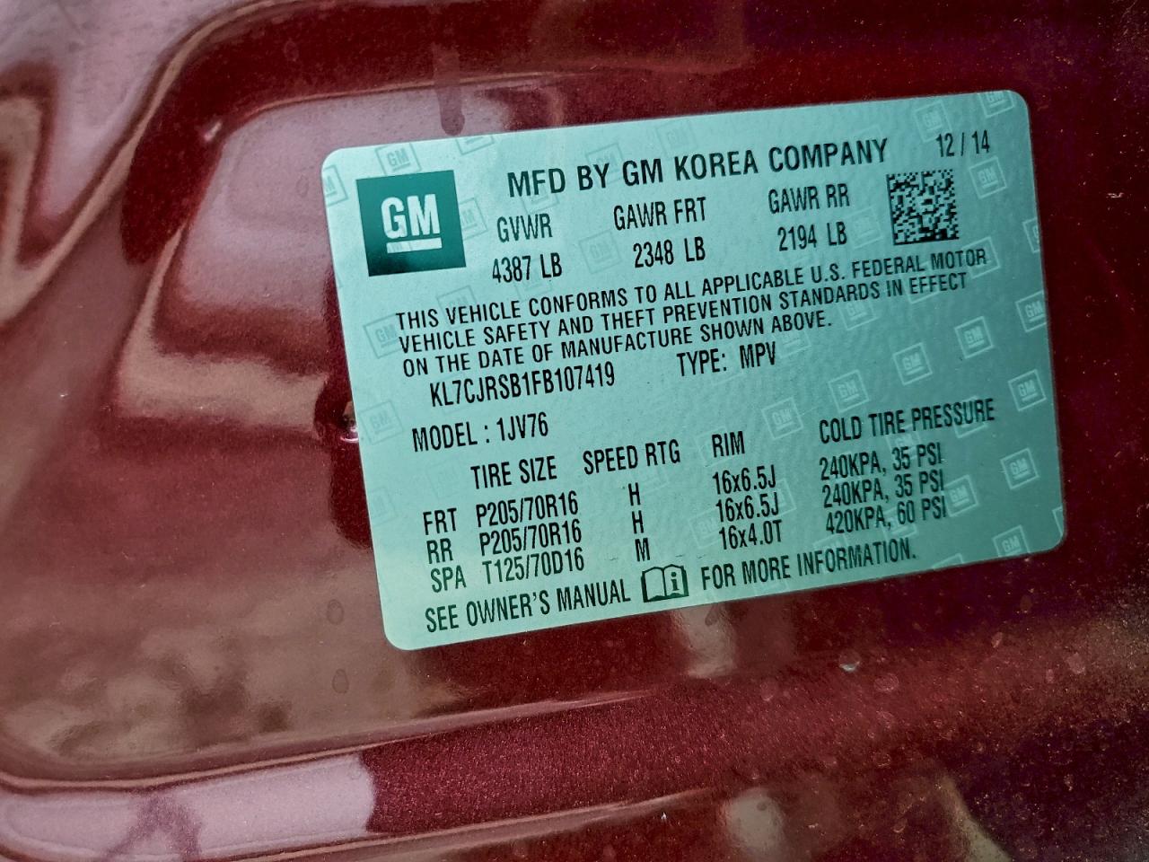 2015 Chevrolet Trax 1Lt VIN: KL7CJRSB1FB107419 Lot: 94328815