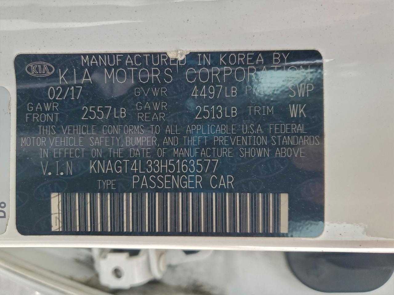 2017 Kia Optima Lx VIN: KNAGT4L33H5163577 Lot: 94324455