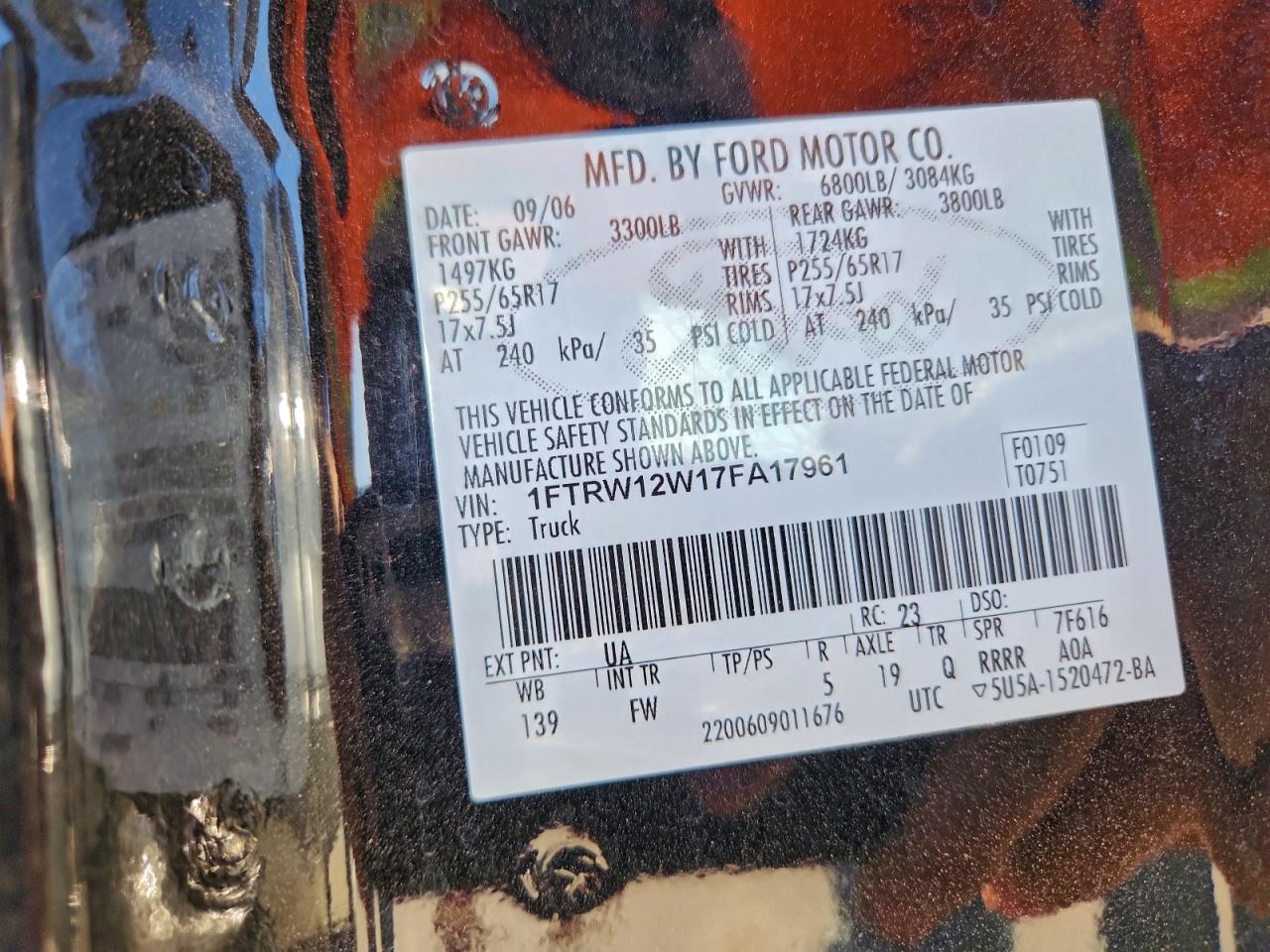 2007 Ford F150 Supercrew VIN: 1FTRW12W17FA17961 Lot: 94560615
