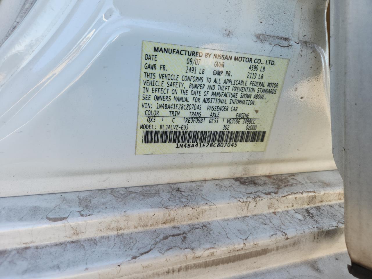 2008 Nissan Maxima Se VIN: 1N4BA41E28C807045 Lot: 90722255