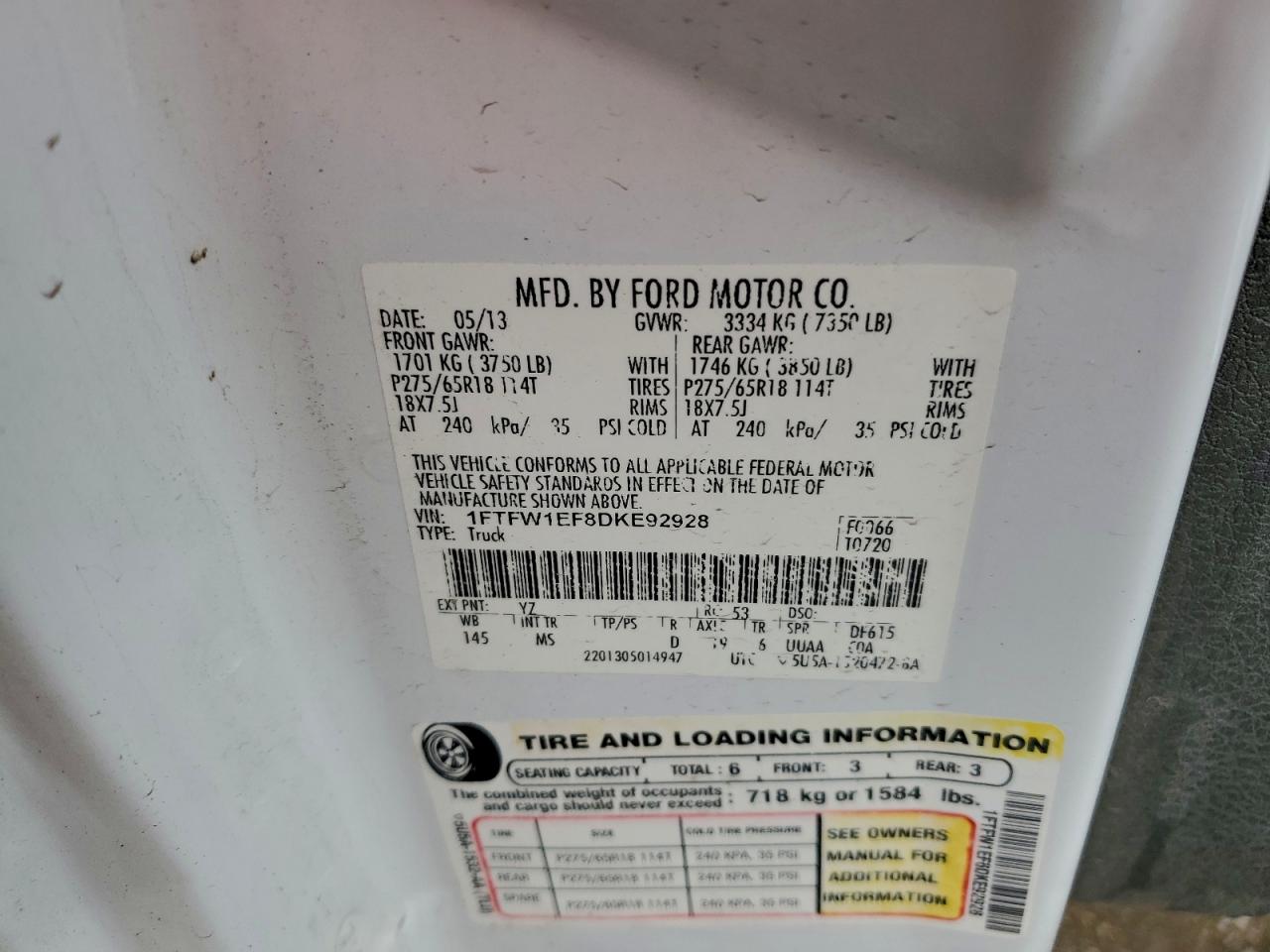 2013 Ford F150 Supercrew VIN: 1FTFW1EF8DKE92928 Lot: 94329655