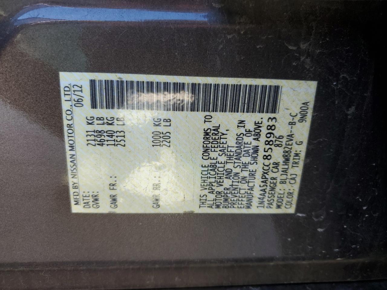 2012 Nissan Maxima S VIN: 1N4AA5APXCC858983 Lot: 92567205