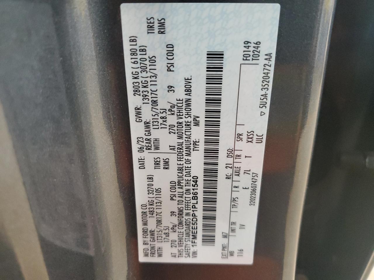 2023 Ford Bronco Base VIN: 1FMEE5DP1PLB61540 Lot: 90666745