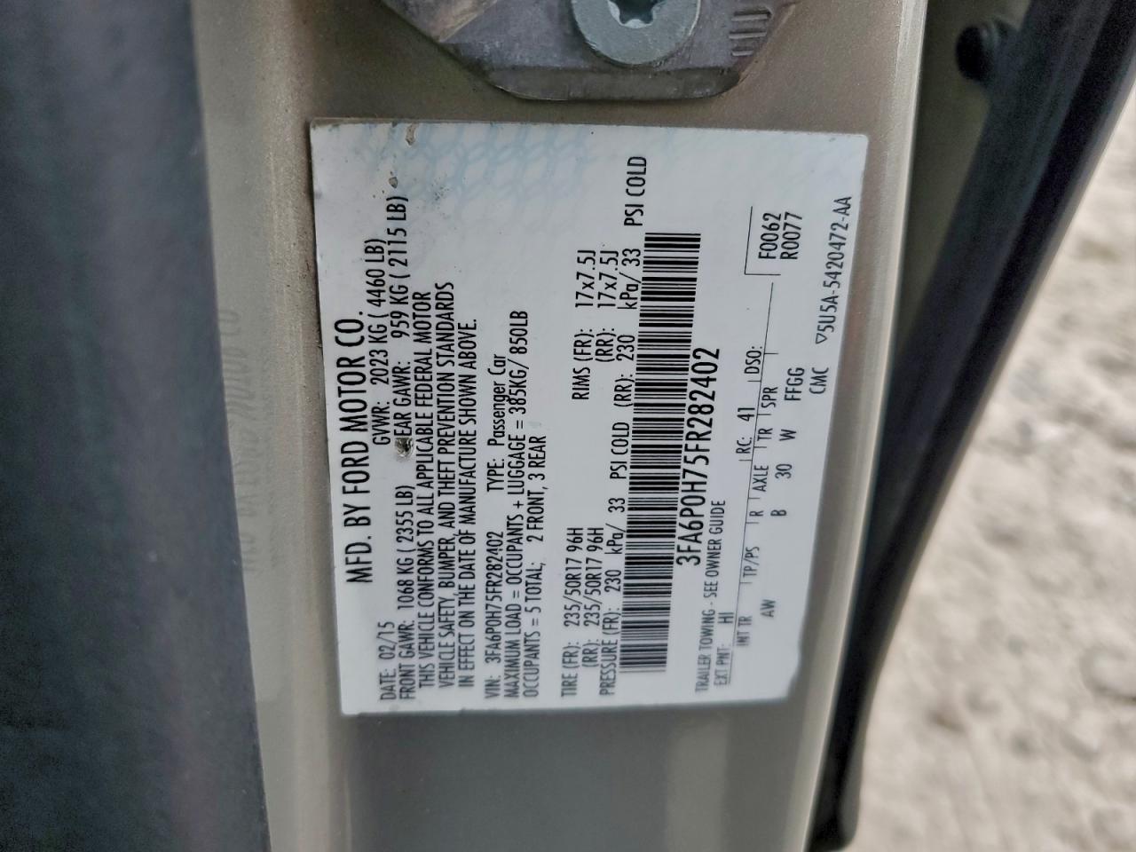 2015 Ford Fusion Se VIN: 3FA6P0H75FR282402 Lot: 94061895