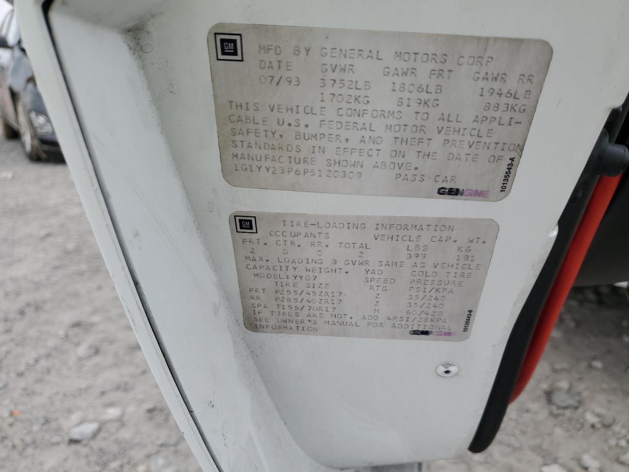 1993 Chevrolet Corvette VIN: 1G1YY23P6P5120309 Lot: 93390975