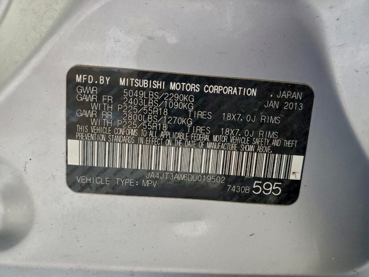 2013 Mitsubishi Outlander Se VIN: JA4JT3AW6DU019502 Lot: 94715105