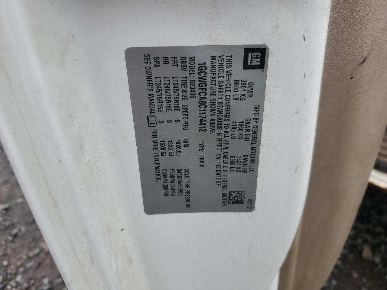 2012 Chevrolet Express G2500 Delivery Van VIN: 1GCWGFCA8C1174412 Lot: 91892445