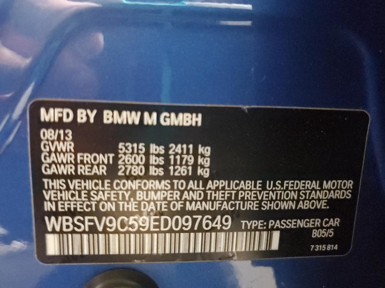 2014 BMW M5 VIN: WBSFV9C59ED097649 Lot: 93196985