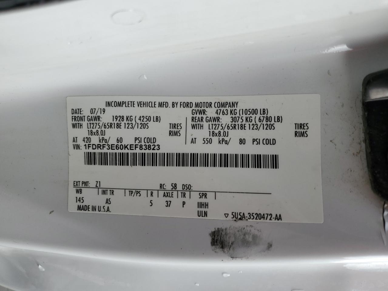 2019 Ford F350 Super Duty VIN: 1FDRF3E60KEF83823 Lot: 93188535