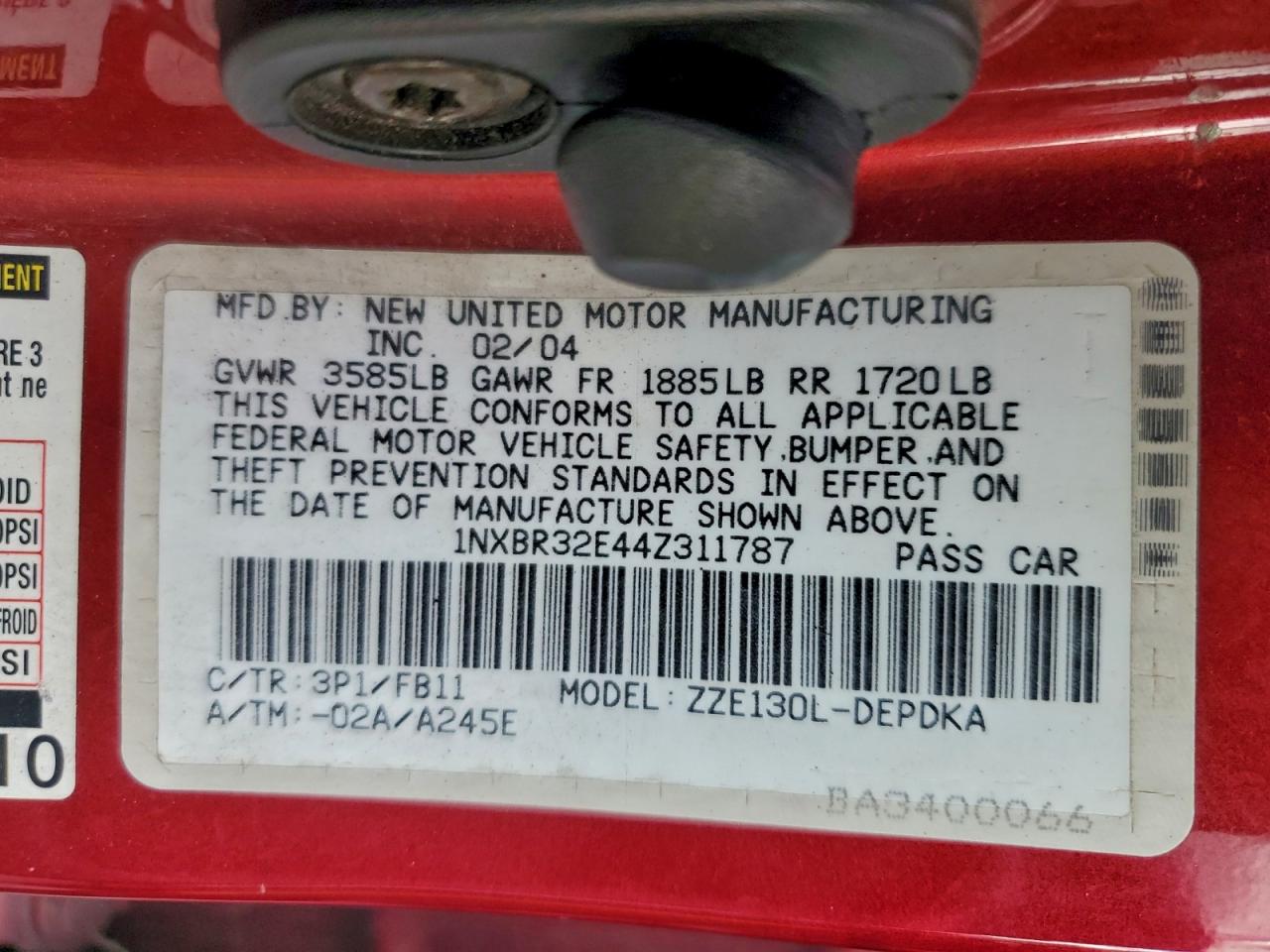 2004 Toyota Corolla Ce VIN: 1NXBR32E44Z311787 Lot: 93899365