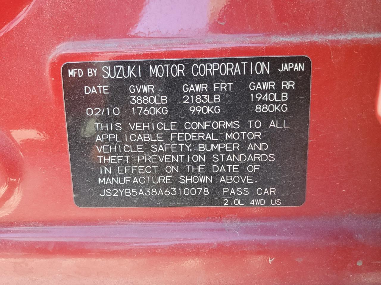 2010 Suzuki Sx4 VIN: JS2YB5A38A6310078 Lot: 90674615