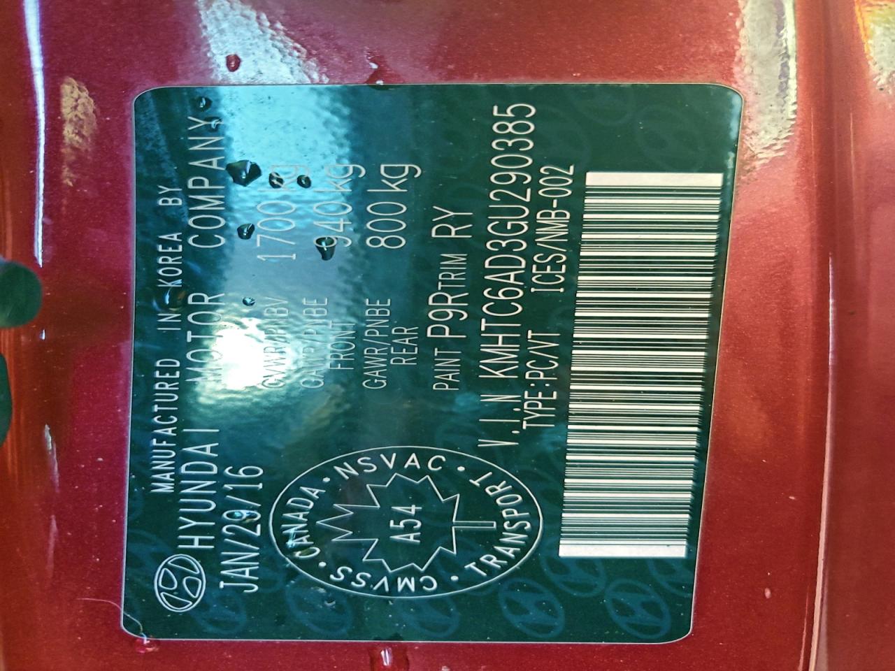 2016 Hyundai Veloster VIN: KMHTC6AD3GU290385 Lot: 94937475