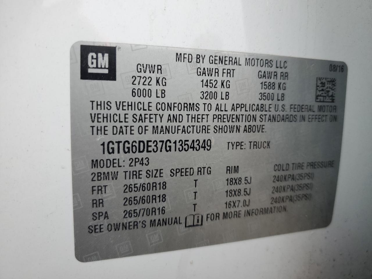 2016 GMC Canyon Slt VIN: 1GTG6DE37G1354349 Lot: 93476135